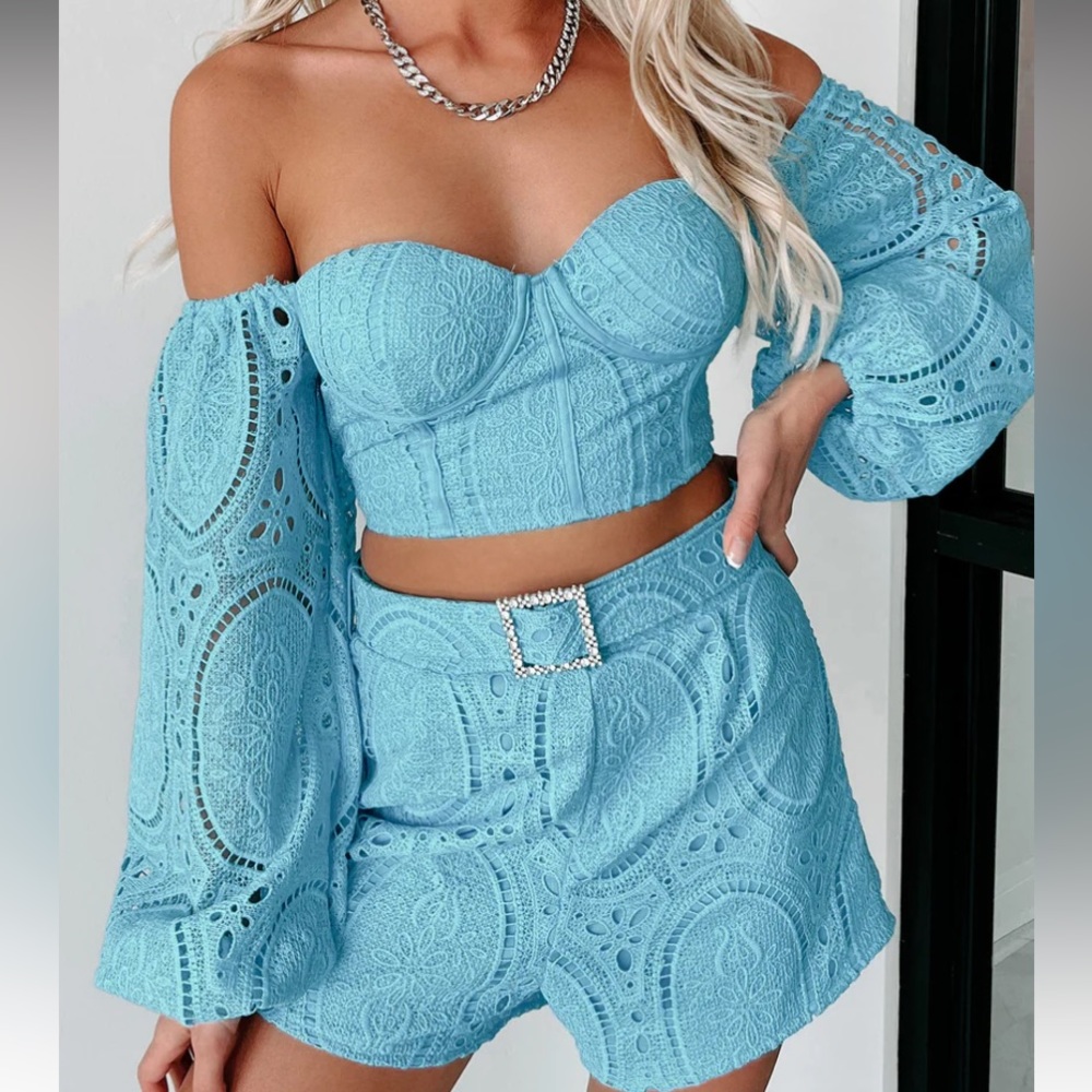 Blue lace crop top and shorts set